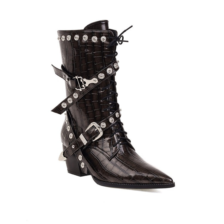 Women's
 Crocodile Pattern Pointed Toe Belts Buckles Rivets Puppy Heel Mid Calf Boots