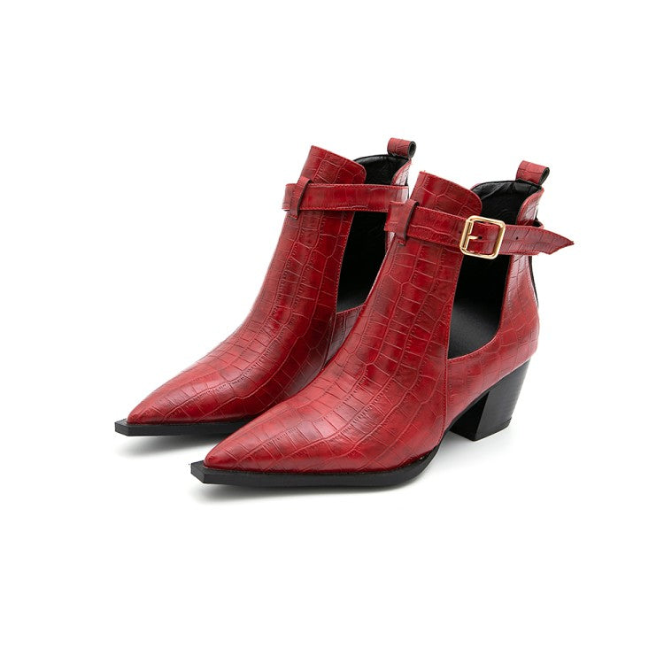 Women's Crocodile Pattern Pointed Toe Buckle Straps Block Chunky Heel Short Boots