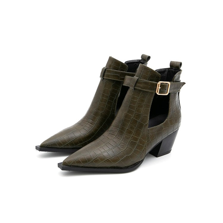 Women's Crocodile Pattern Pointed Toe Buckle Straps Block Chunky Heel Short Boots