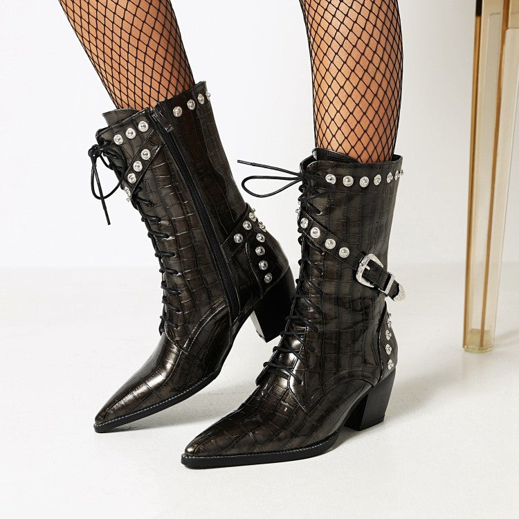 Women's
 Crocodile Pattern Pointed Toe Buckles Belts Rivets Block Heel Mid Calf Boots