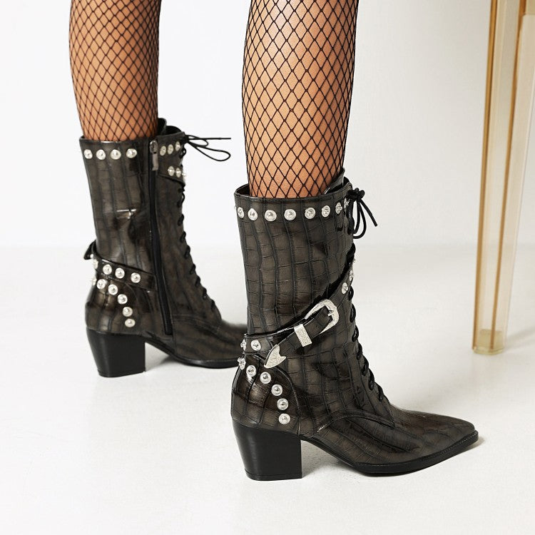 Women's
 Crocodile Pattern Pointed Toe Buckles Belts Rivets Block Heel Mid Calf Boots