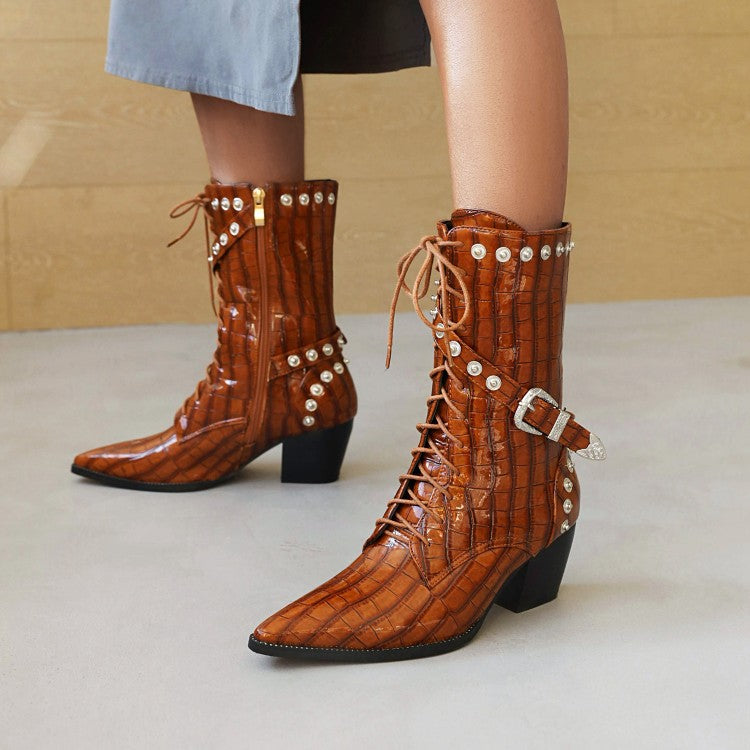 Women's
 Crocodile Pattern Pointed Toe Buckles Belts Rivets Block Heel Mid Calf Boots