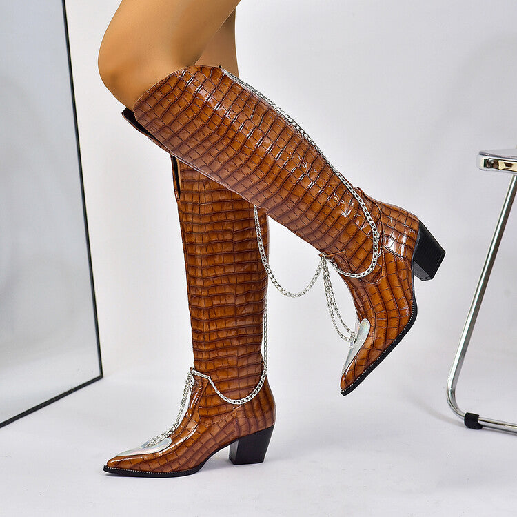 Women's Crocodile Pattern Pointed Toe Metal Chains Knee High Boots