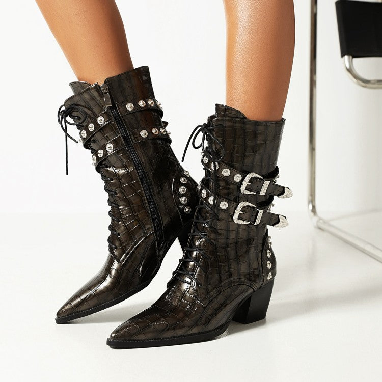 Women's Crocodile Pattern Pointed Toe Rivets Block Heel Mid Calf Boots