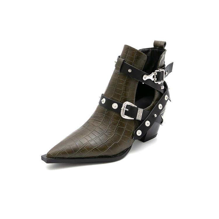 Women's Crocodile Pattern Pointed Toe Rivets Buckle Block Chunky Heel Short Boots