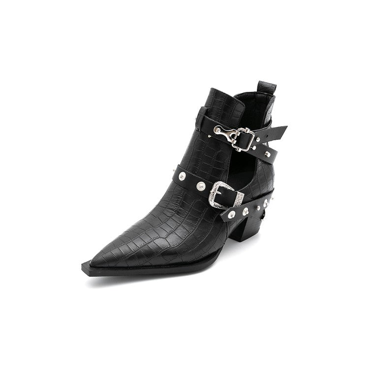 Women's Crocodile Pattern Pointed Toe Rivets Buckle Block Chunky Heel Short Boots