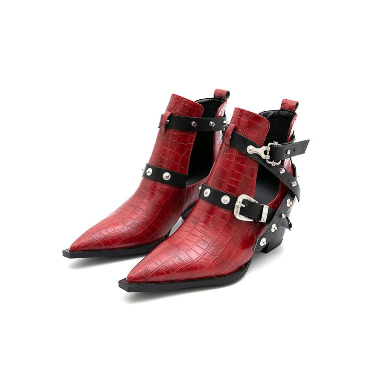 Women's Crocodile Pattern Pointed Toe Rivets Buckle Block Chunky Heel Short Boots