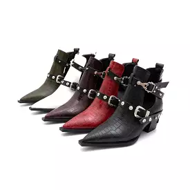 Women's Crocodile Pattern Pointed Toe Rivets Buckle Block Chunky Heel Short Boots