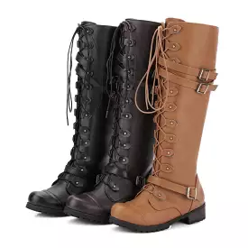 Women's Crossed Lace Up Puppy Heel Knee High Boots