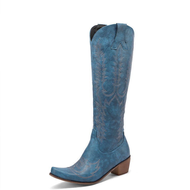 Women's Embroidery Puppy Heel Cowboy Knee High Boots