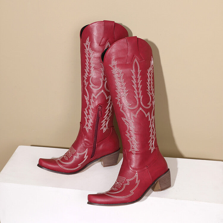 Women's Embroidery Puppy Heel Cowboy Knee High Boots