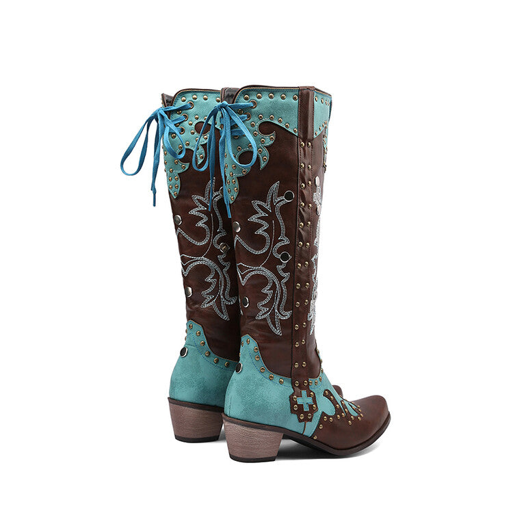 Women's Embroidery Rivets Puppy Heel Knee High Boots