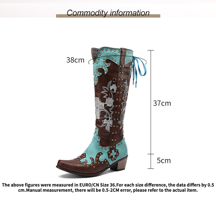 Women's Embroidery Rivets Puppy Heel Knee High Boots