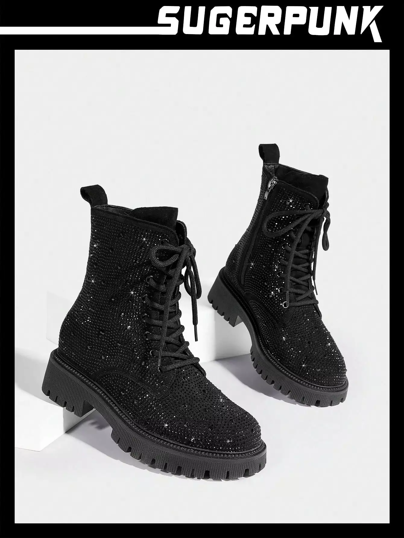 Women's Fashionable Outdoor Glittering Black Combat Boots With Decorative Rhinestones And Laces