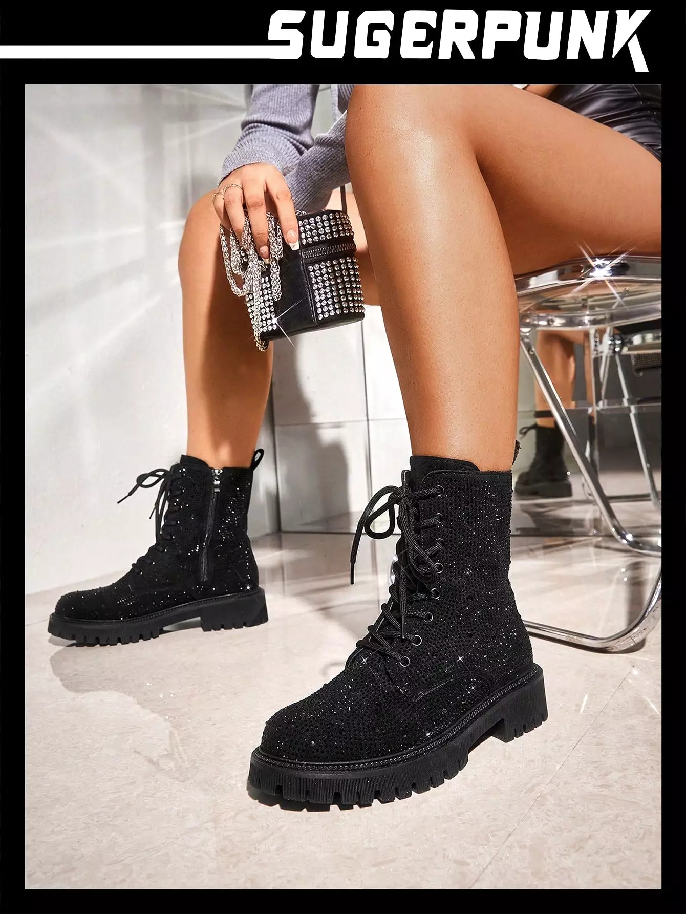 Women's Fashionable Outdoor Glittering Black Combat Boots With Decorative Rhinestones And Laces