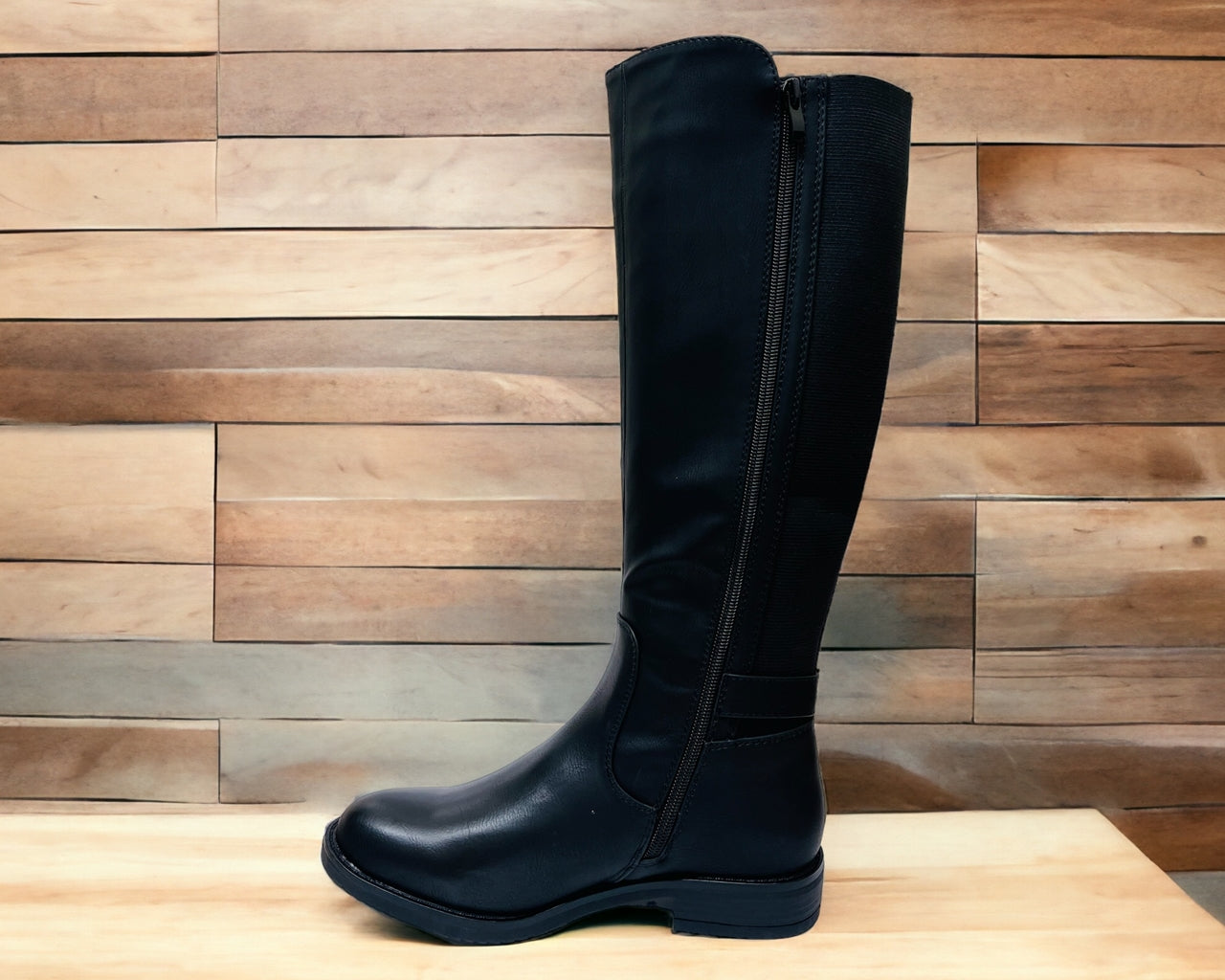 Women's Faux Leather Flat Sole Knee High Boots Black