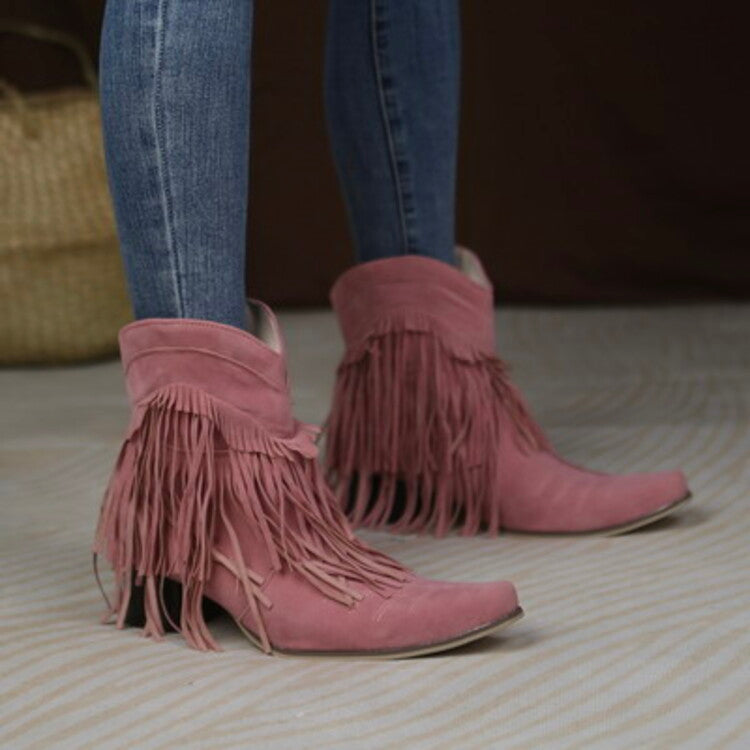 Women's Flock Pointed Toe Tassel Block Chunky Heel Cowboy Ankle Boots