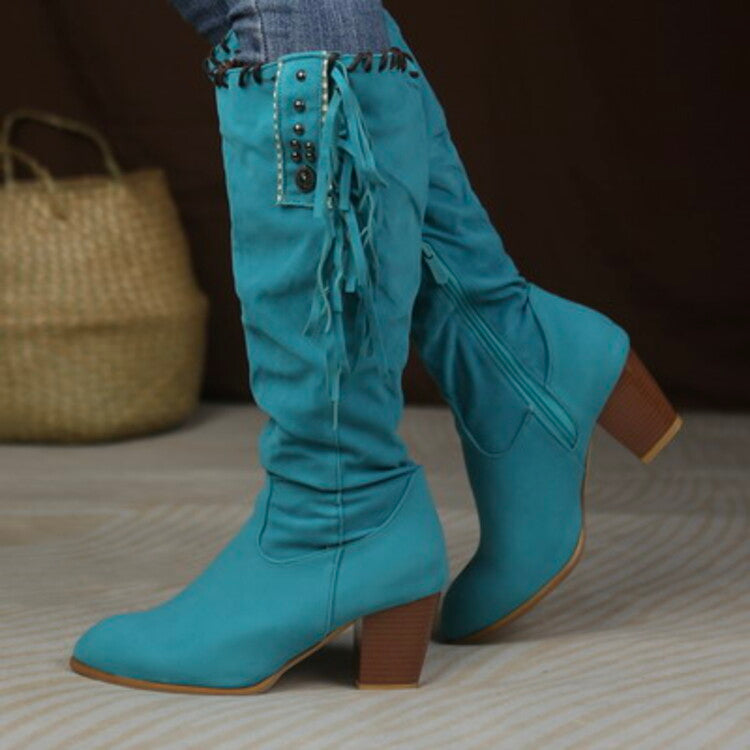 Women's Flock Rivets Tassel Block Heel Side Zippers Mid Calf Boots