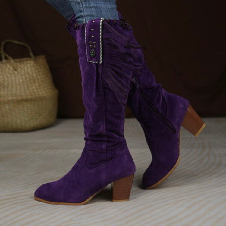 Women's Flock Rivets Tassel Block Heel Side Zippers Mid Calf Boots