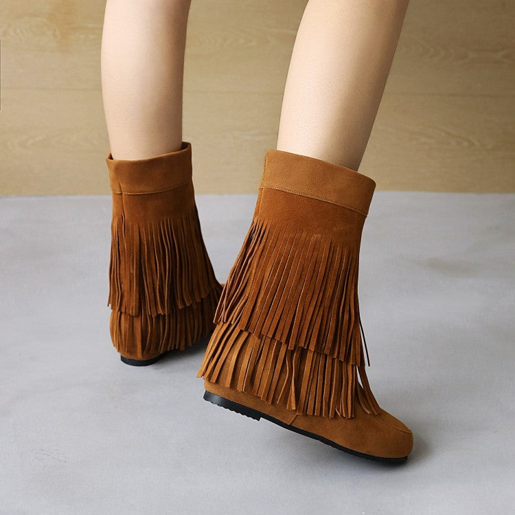 Women's Flock Round Toe Tassel Flat Inside Heighten Mid Calf Boots