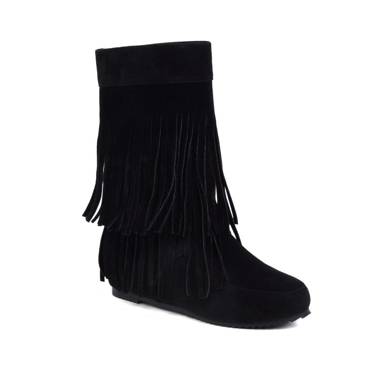 Women's Flock Round Toe Tassel Flat Inside Heighten Mid Calf Boots