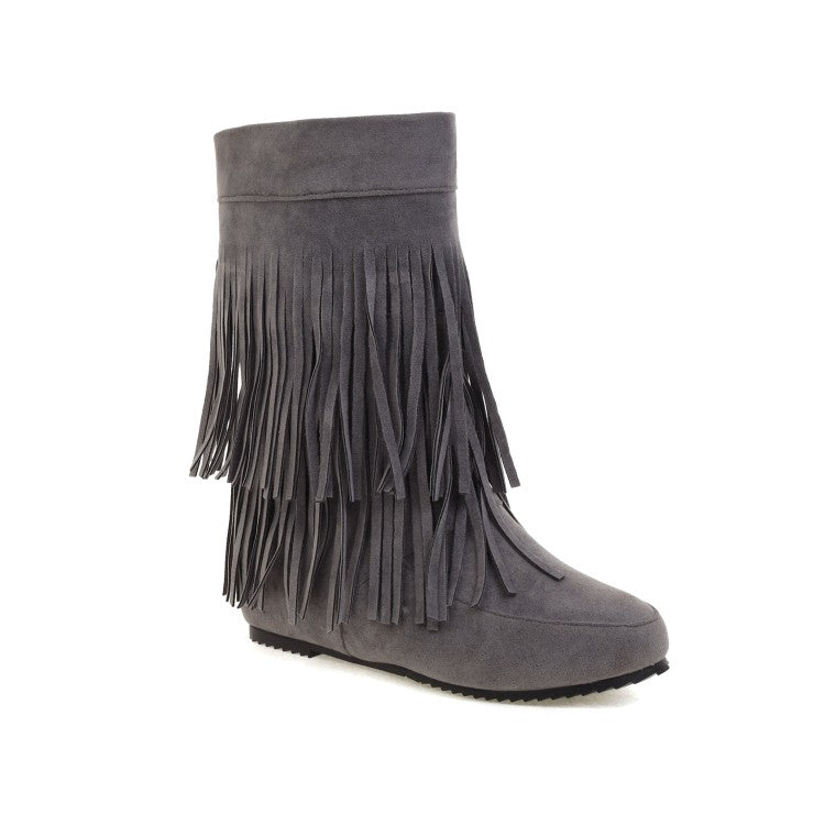 Women's Flock Round Toe Tassel Flat Inside Heighten Mid Calf Boots