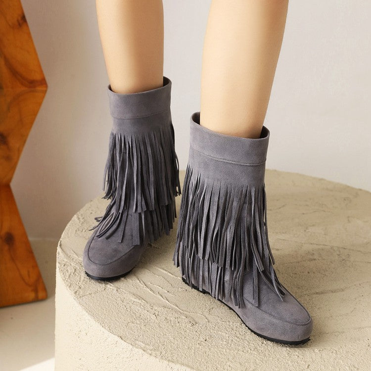 Women's Flock Round Toe Tassel Flat Inside Heighten Mid Calf Boots