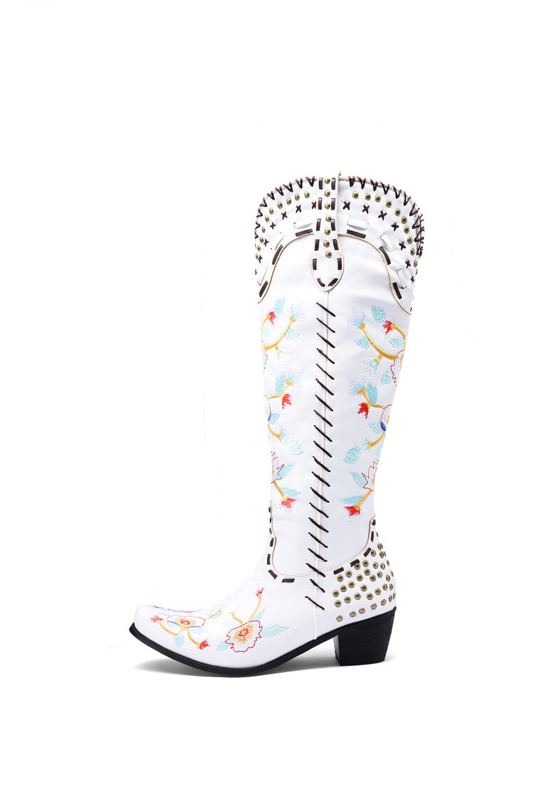 Women's Flora Embroidery Puppy Heel Cowboy Knee High Boots