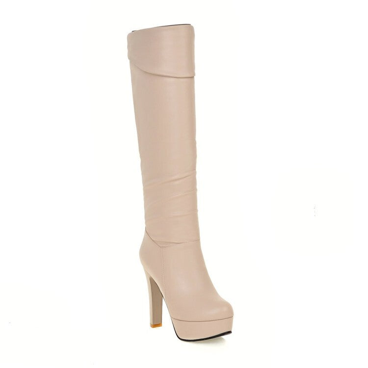 Women's Folded Block Chunky Heel Platform Knee High Boots