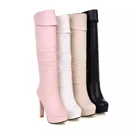 Women's Folded Block Chunky Heel Platform Knee High Boots