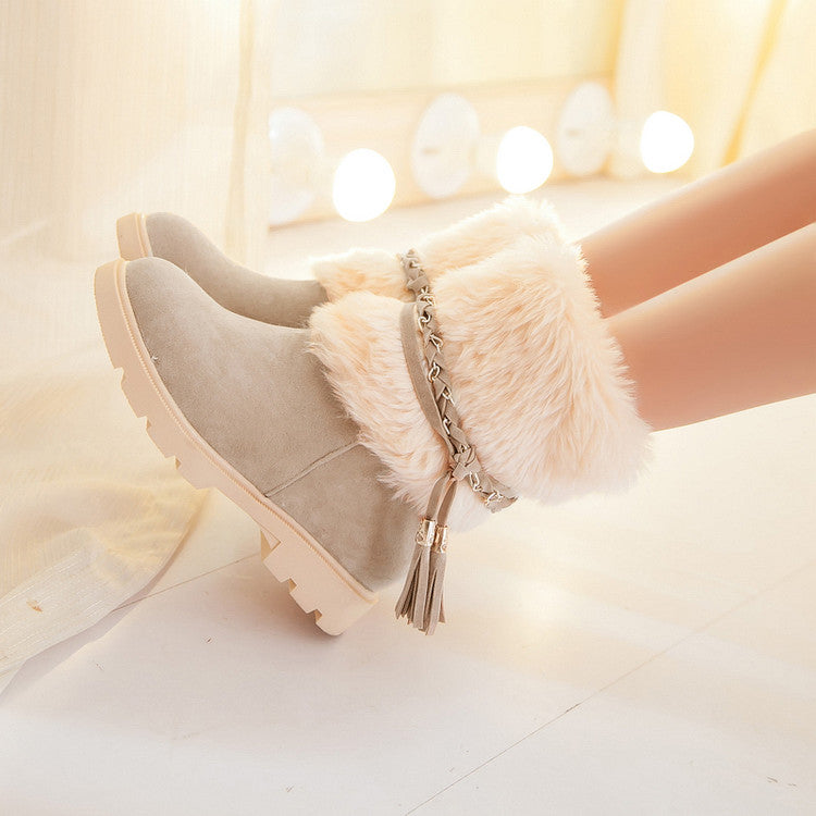 Women's Furry Metal Chains Tassel Short Boots