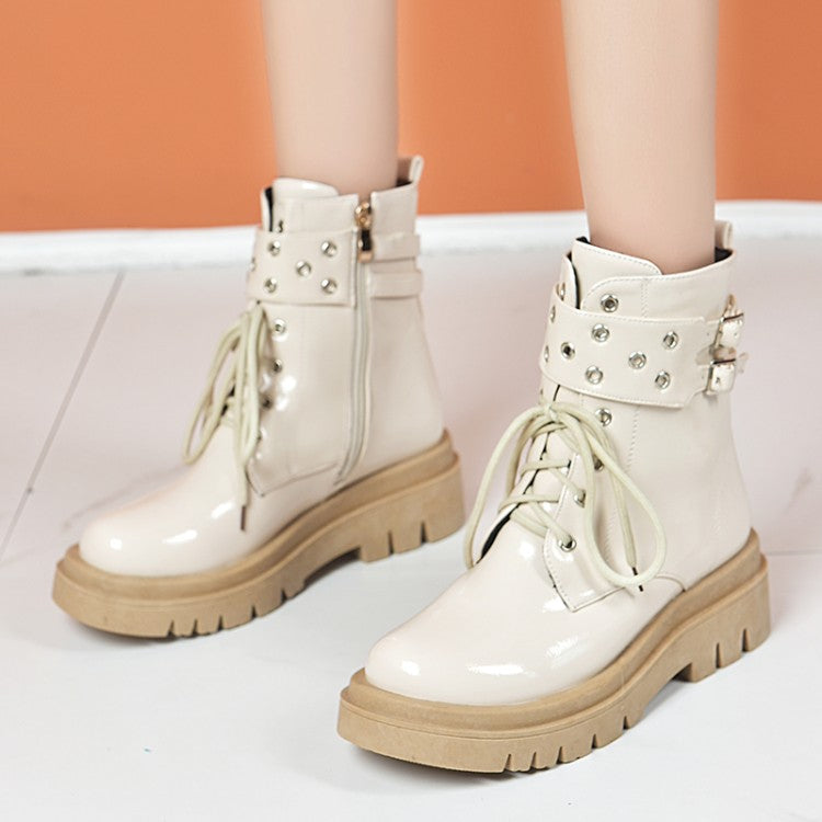 Women's Glossy Lace Up Buckles Belts Flat Platform Short Boots