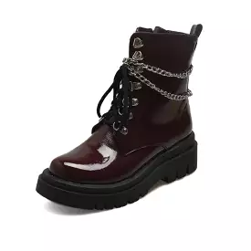 Women's Glossy Lace Up Metal Chains Flat Platform Short Boots