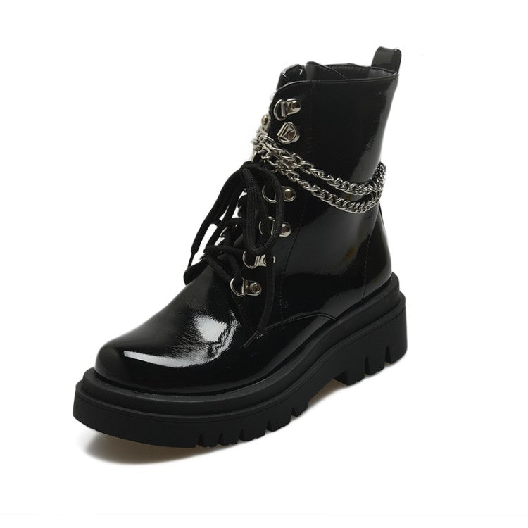 Women's Glossy Lace Up Metal Chains Flat Platform Short Boots