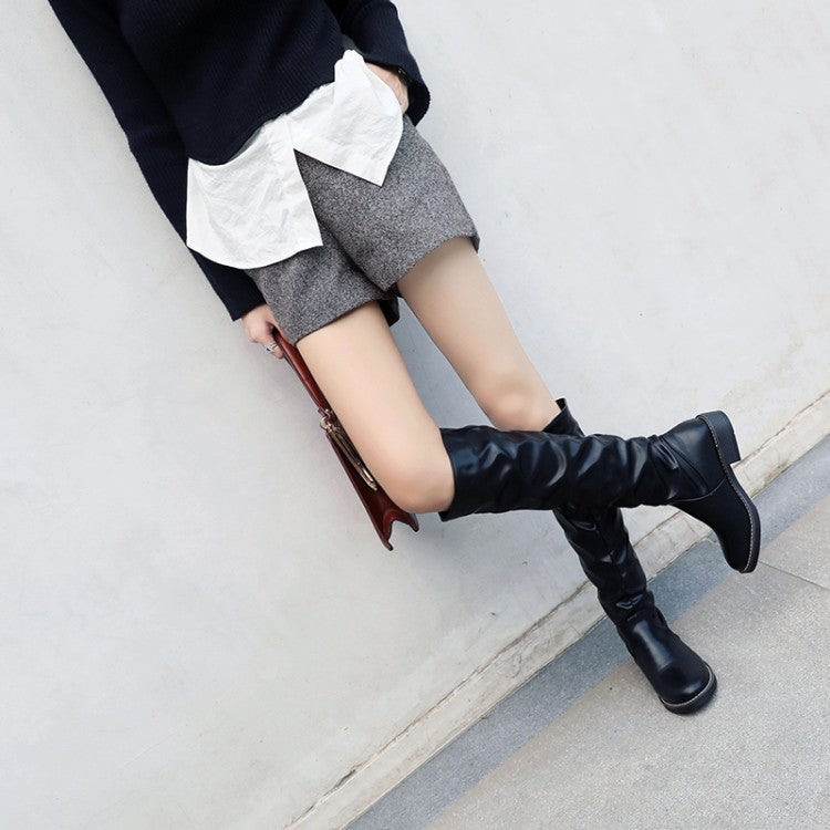 Women's Glossy Round Toe Stitch Knee High Boots