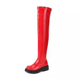 Women's Glossy Round Toe Thick Heel Platform Over the Knee Boots