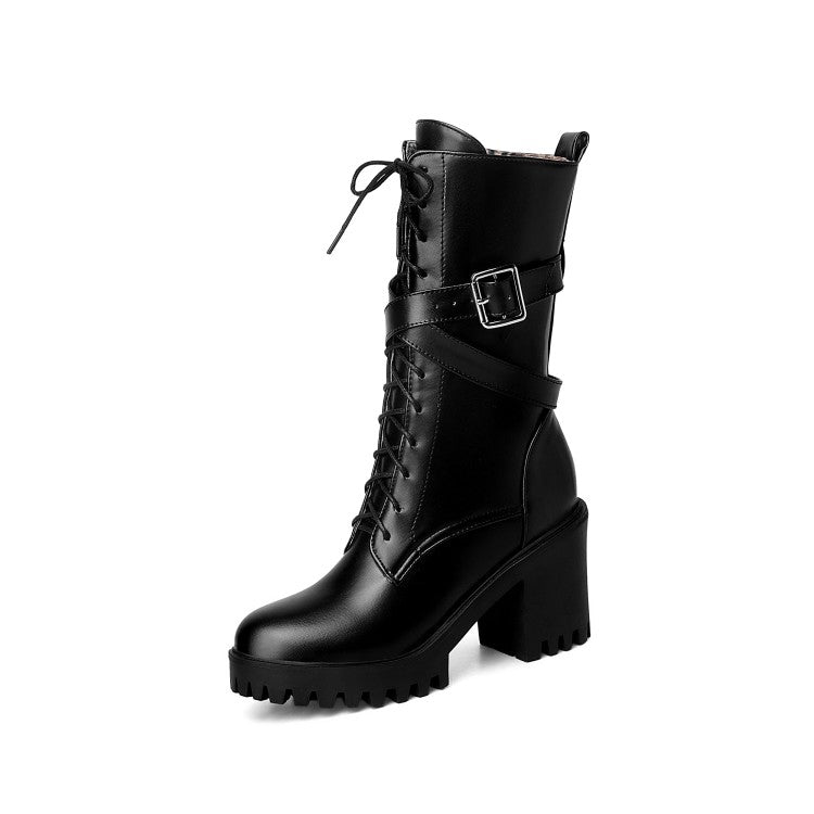 Women's Lace Up Buckle Straps Block Heel Platform Mid Calf Boots