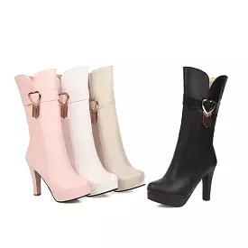 Women's Love Hearts Buckles Tassel Block Chunky Heel Platform Mid-Calf Boots