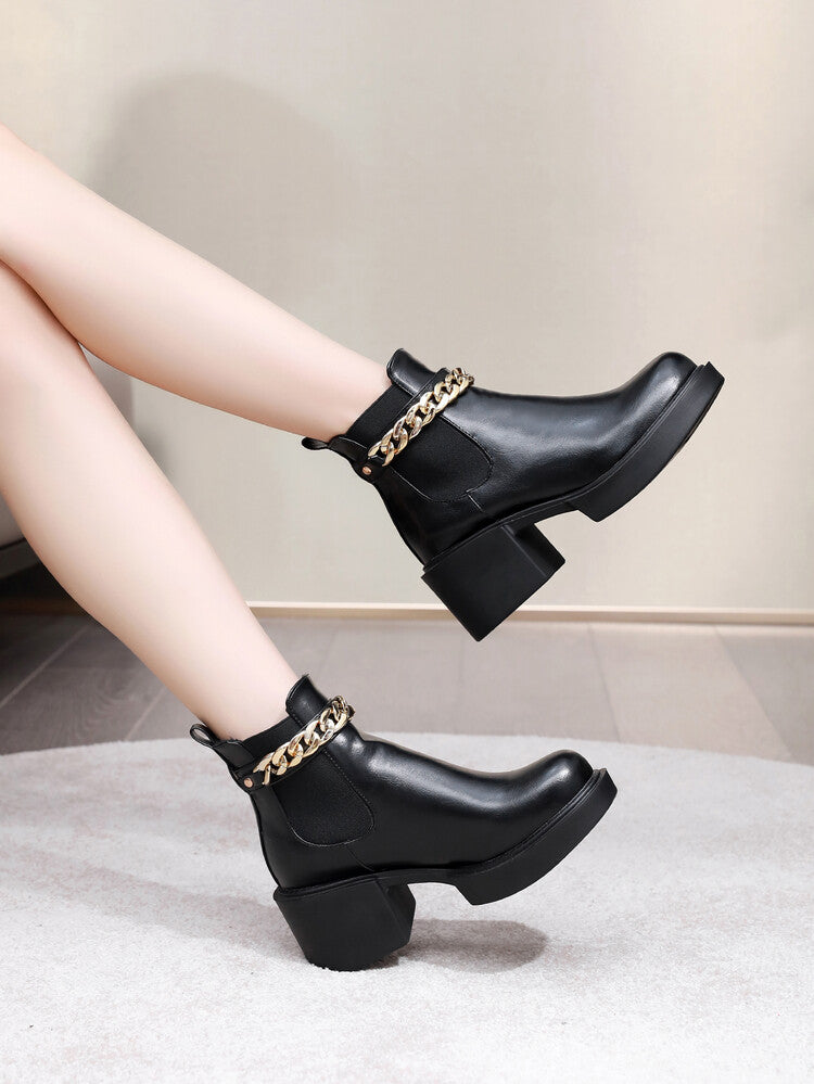 Women's Metal Chains Ankle Strap Stretch Block Heel Platform Short Boots