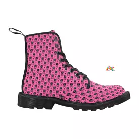 Women's Pink Cross Bone Cat Lace-up Canvas Rave Boots