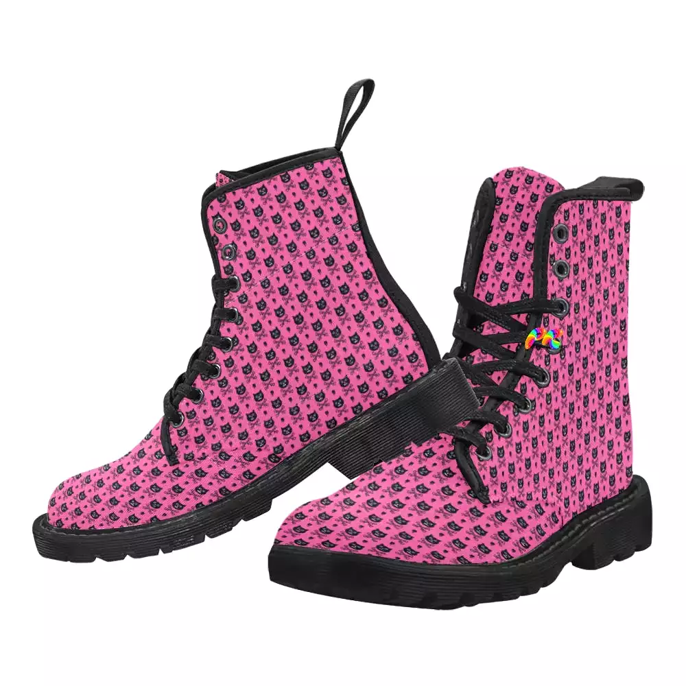 Women's Pink Cross Bone Cat Lace-up Canvas Rave Boots