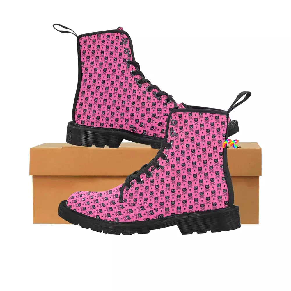 Women's Pink Cross Bone Cat Lace-up Canvas Rave Boots