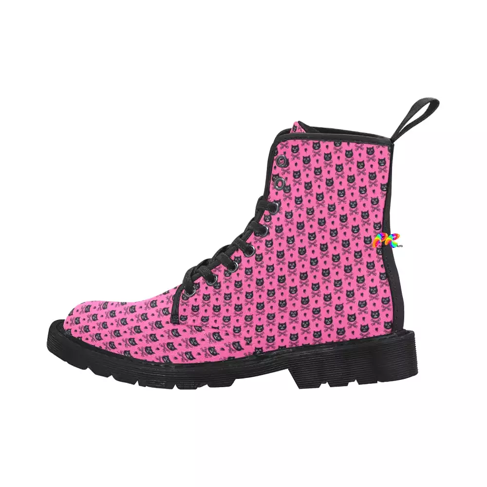 Women's Pink Cross Bone Cat Lace-up Canvas Rave Boots