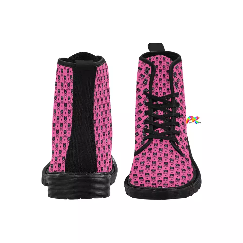 Women's Pink Cross Bone Cat Lace-up Canvas Rave Boots