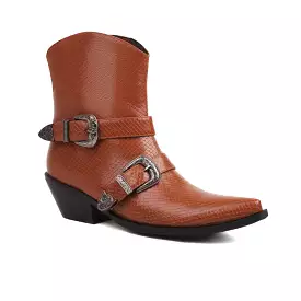 Women's Pointed Toe Beveled Heel Buckle Straps Mid Calf Western Boots