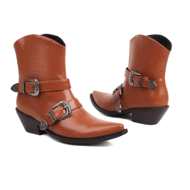 Women's Pointed Toe Beveled Heel Buckle Straps Mid Calf Western Boots