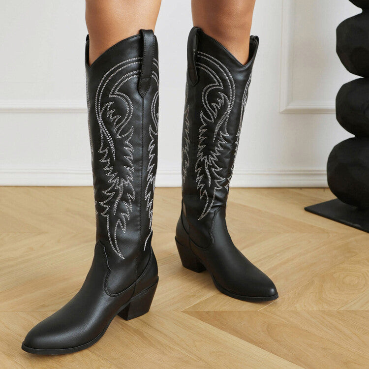 Women's Pointed Toe Beveled Heel Mid Calf Western Boots