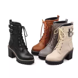 Women's Pu Leather Almond Toe Lace Up Buckle Straps Block Heel Platform Ankle Boots