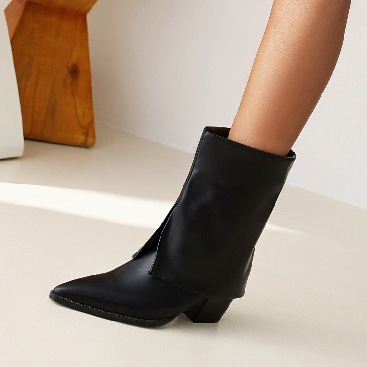 Women's Pu Leather Pointed Toe Block Heel Short Boots