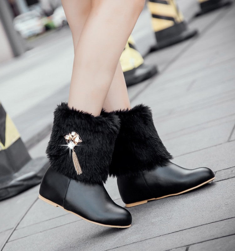 Women's Pu Leather Round Toe Furry Rhinestone Tassel Inside Heighten Ankle Boots